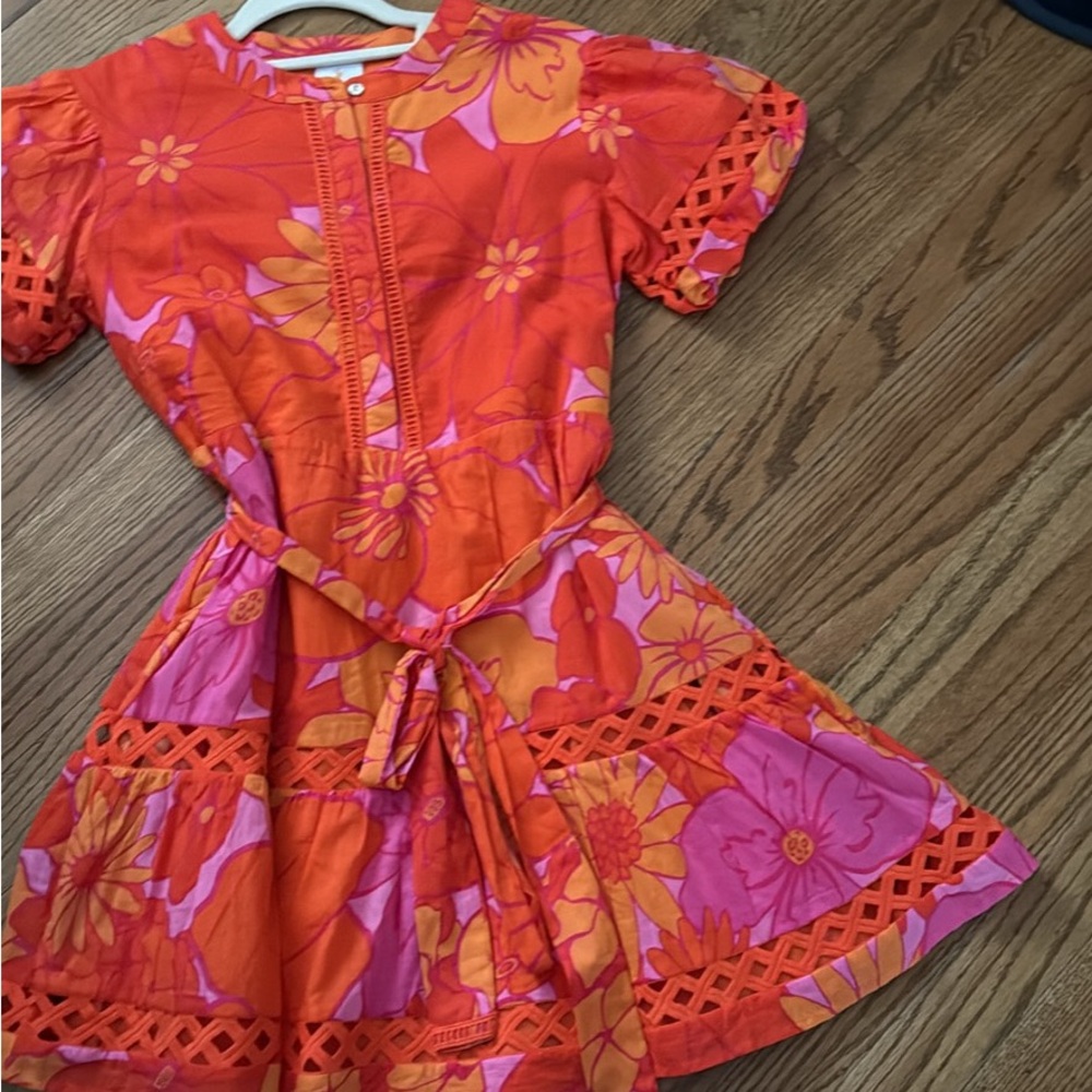 Girls Orange Floral Tie-Waist Casual Dress with Pink Accents